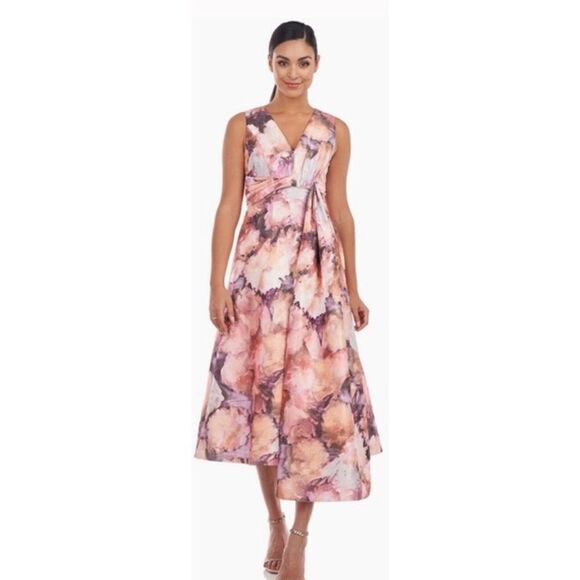 Kay Unger Lani Midi Dress in Metallic Organza Pink Floral NWT Size 8 - Picture 1 of 7